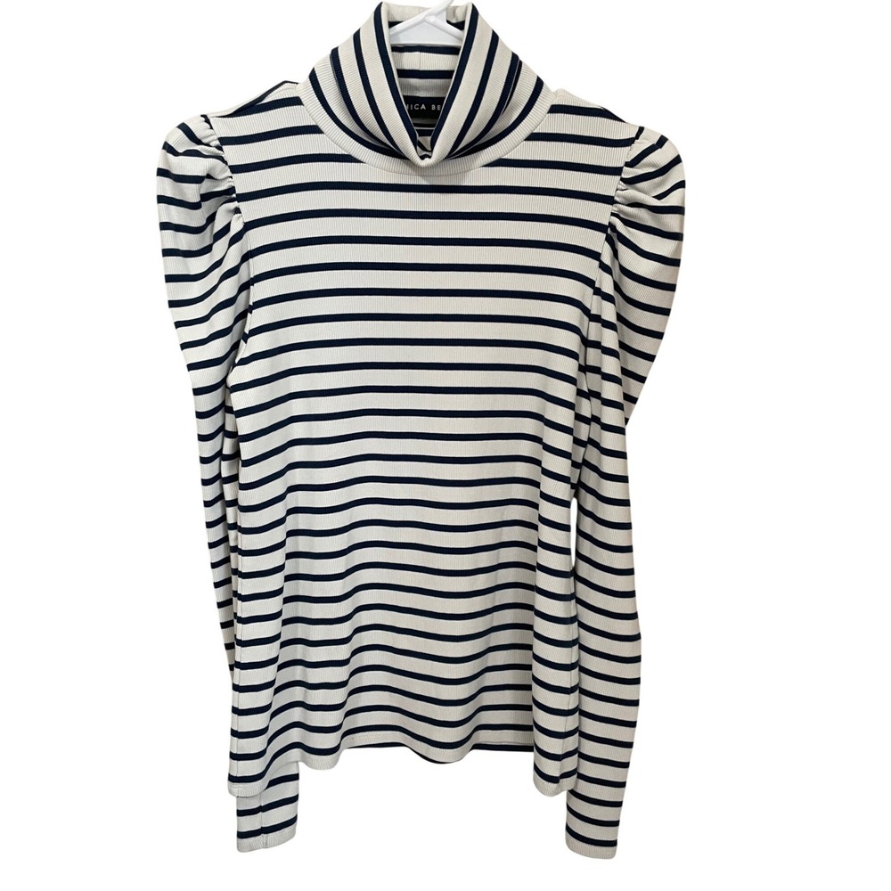 Veronica Beard Cedar Puff Sleeve Turtleneck Navy Cream Ribbed Pima Cotton XL